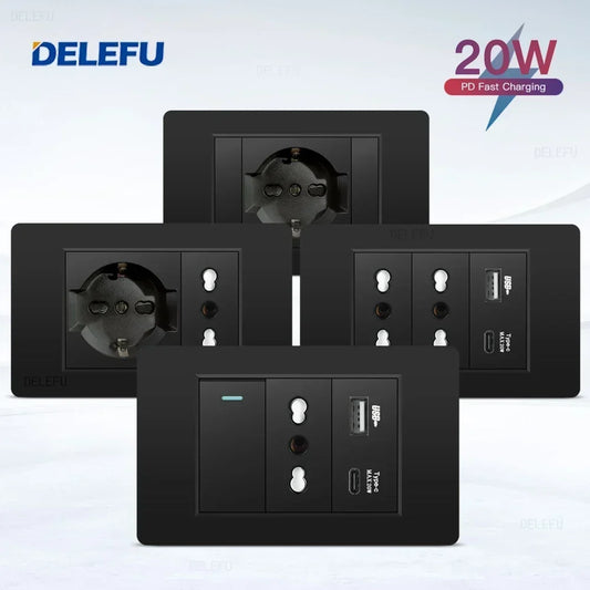 Enchufe Pared Delefu Italia/Chile PC Negro USB-C Carga Rápida + Schuko + Switch Smart Tuya WiFi + SAT/TV/TEL/Timbre