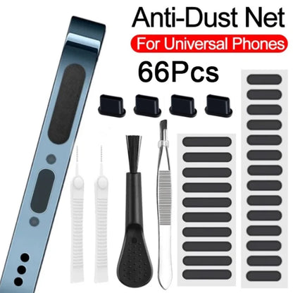 Set Limpieza (66 Piezas) para Altavoz/Puerto Carga Teléfono (Tapón Polvo, Cepillo) iPhone 13-15/Samsung/Xiaomi/Auriculares