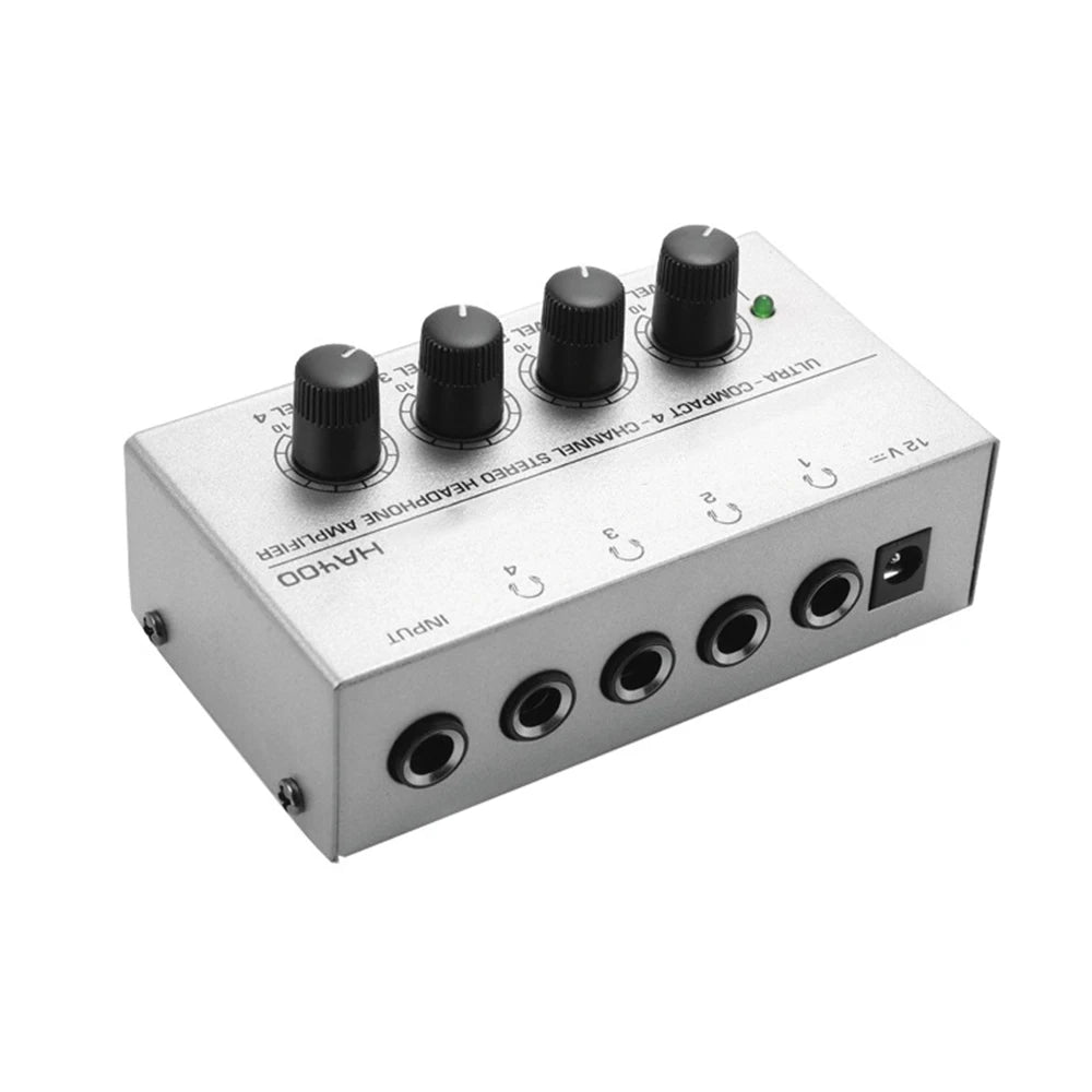 Mini Amplificador Audio Estéreo 4 Canales HA400 Ultra Compacto para Audífonos con Adaptador EU/US (Mezclador Música/Grabación)