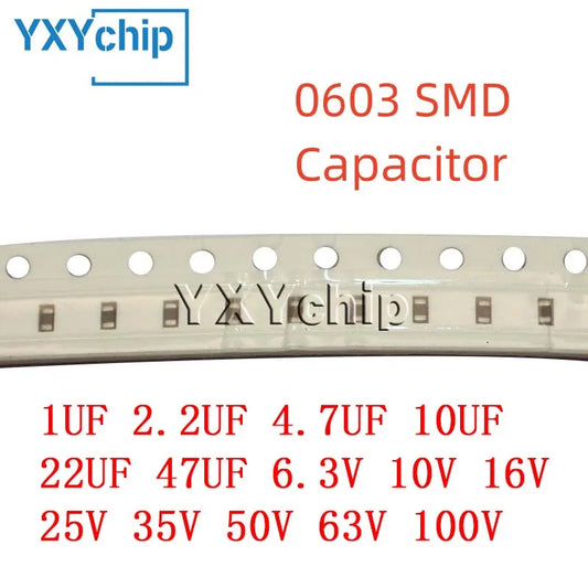 Capacitor Cerámico SMD 0603 (1uF-47uF, 6.3V-100V, X7R/X5R 10%/20%) - Pack 50 Unidades (Valores Surtidos)