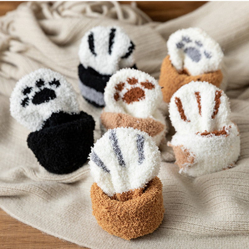 Calcetines Blancos Mujer Felpa Cálidos Diseño Kawaii Cartoon Patita Gato/Perro 3D Divertidos para Casa/Dormir