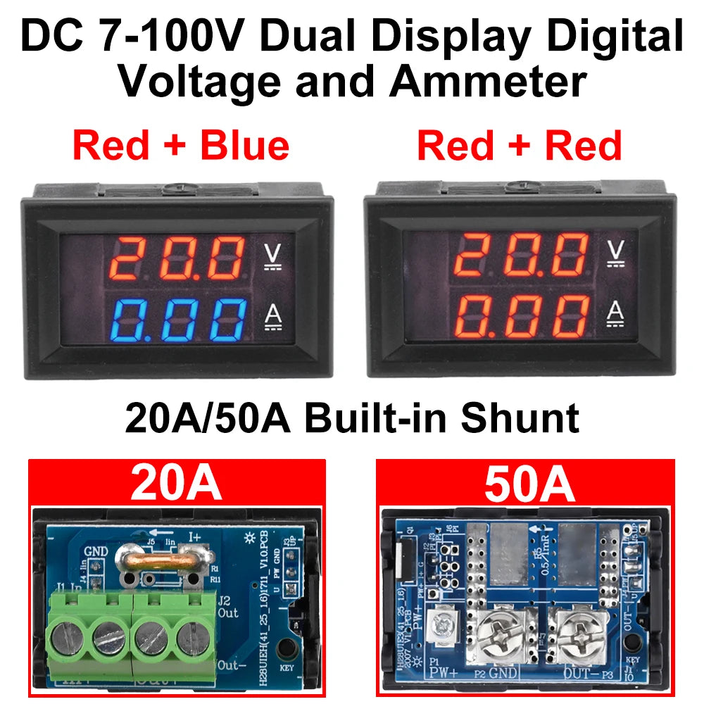 Voltímetro Amperímetro Digital DC (7-100V, 20A/50A Shunt Integrado) - Panel Display LED Dual 0.28"