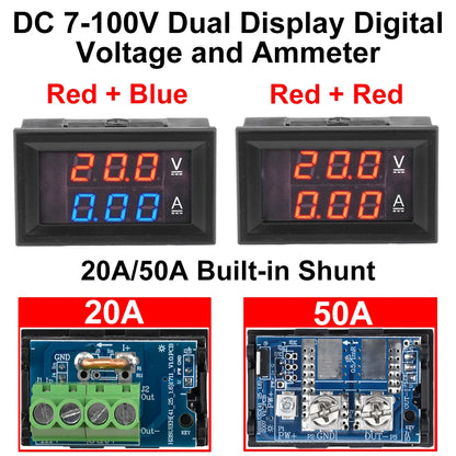 Voltímetro Amperímetro Digital DC (7-100V, 20A/50A Shunt Integrado) - Panel Display LED Dual 0.28"