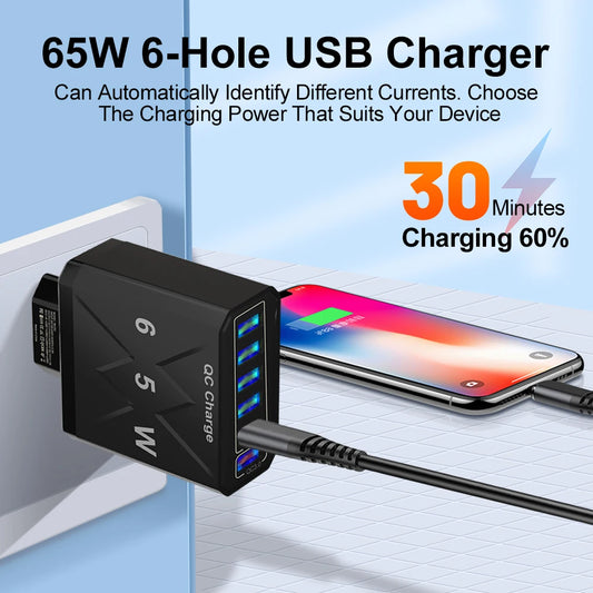 Adaptador Cargador Viaje Rápido USB 3.1A 6 en 1 Multi-Enchufe QC3.0 para iPhone 12/13/Samsung/Xiaomi
