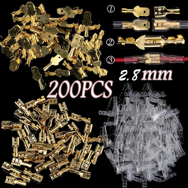 Set Terminales Conector Cable Hembra/Macho Spade Crimp (2.8/4.8/6.3mm) con Mangas Aislantes Transparentes (200 Piezas)