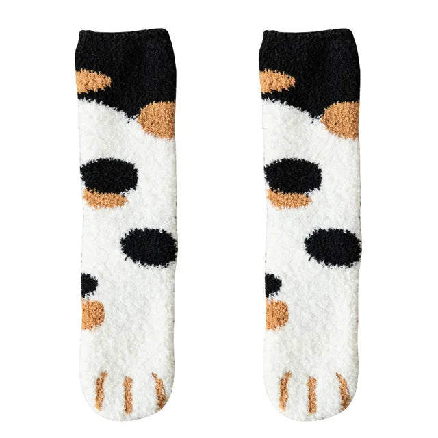 Calcetines Blancos Mujer Felpa Cálidos Diseño Kawaii Cartoon Patita Gato/Perro 3D Divertidos para Casa/Dormir