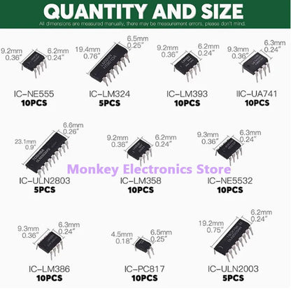 Kit Circuitos Integrados IC (DIP) NE555/LM324/LM358/ULN2803 (10 Tipos, Temporizador Precisión) DIY Electrónico (85 Piezas)