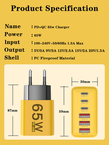 Cargador Pared USB C Múltiple 6 Puertos 65W Carga Rápida Total PD Adaptador Móvil para iPhone 15/16 Pro/Xiaomi/Samsung