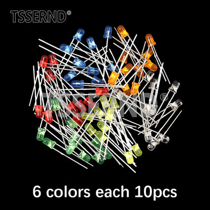 Kit Surtido Diodo LED F3 (3mm) Colores (Blanco/Verde/Rojo/Azul/Amarillo/Naranja/Rosa/Púrpura/Blanco Cálido) DIY (60/100 Piezas)