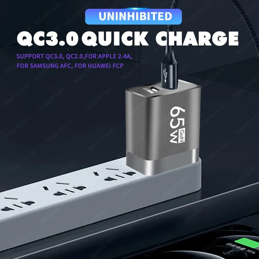 Cargador Pared USB PD GaN 65W Doble Puerto (Tipo C + USB QC3.0) Adaptador Carga Rápida Móvil para iPhone/Samsung/Xiaomi