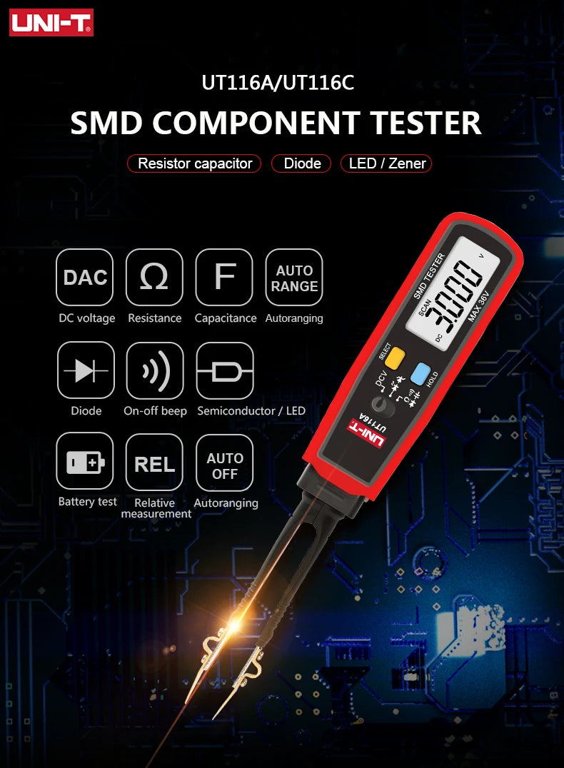 Tester SMD UNI-T UT116C / UT116A - Medidor Rotable Resistencia, LED, Diodo, Batería, Capacitor