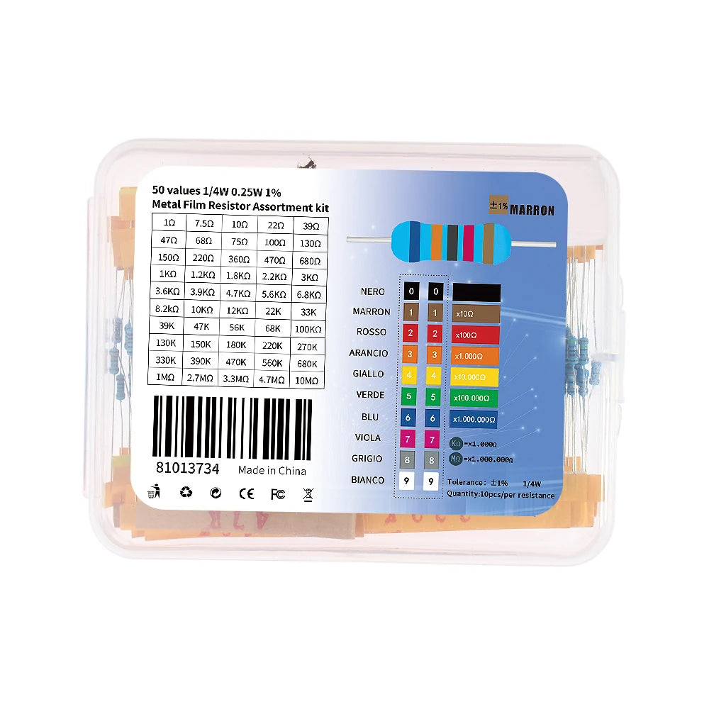 Kit Surtido Resistencias Película Metálica 1/4W 1% (1 Ohm - 10M Ohm) DIY Electrónico (500/2500 Piezas)