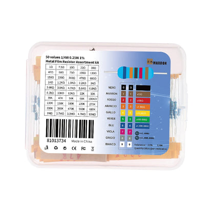 Kit Surtido Resistencias Película Metálica 1/4W 1% (1 Ohm - 10M Ohm) DIY Electrónico (500/2500 Piezas)