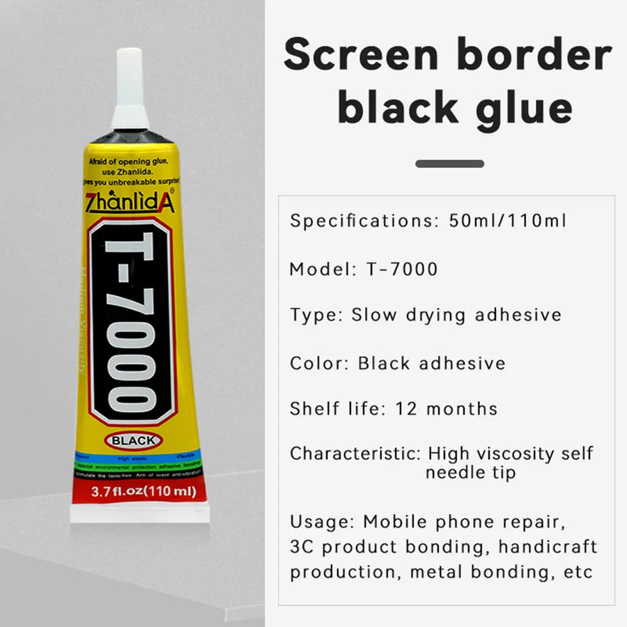 Pegamento Adhesivo Contacto T7000 Negro (15ml/50ml/110ml) Zhanlida Fuerte con Salida Aguja Fina para Reparación Móviles/Tablets