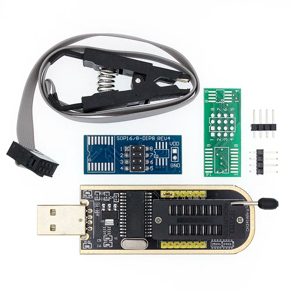 Kit Programador USB CH341A/CH341B 24/25 Series EEPROM Flash BIOS + Clip Test SOIC8/SOP8