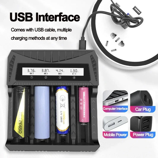 Cargador USB Inteligente Baterías LCD (1/2/4 Ranuras) para Litio Recargable 18650 (4.2V) / Ni-MH AA/AAA (1.2V)