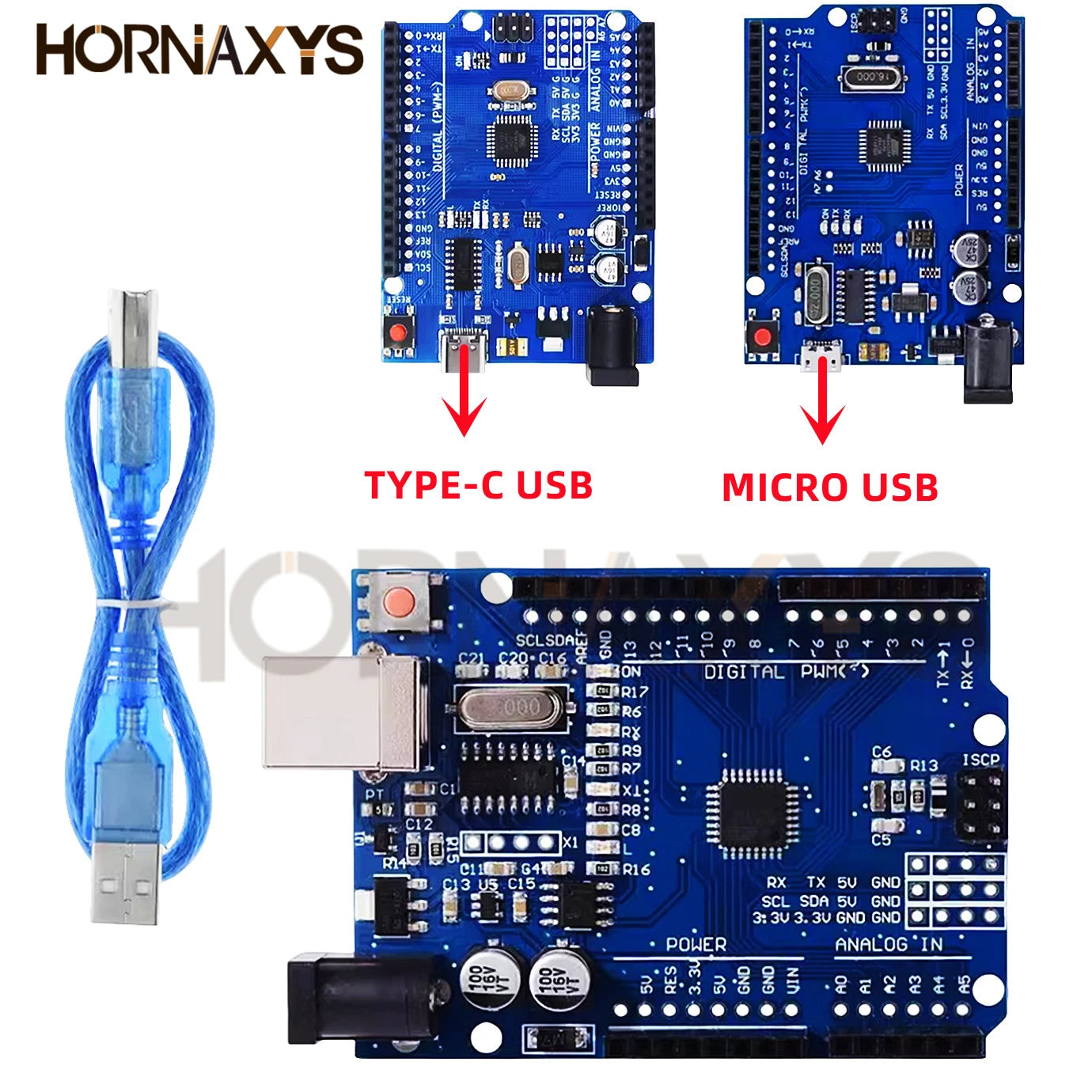 Placa Desarrollo UNO R3 (CH340G, Chip MEGA328P 16MHz) con Cable USB Tipo C/Micro para Arduino (1 Unidad)