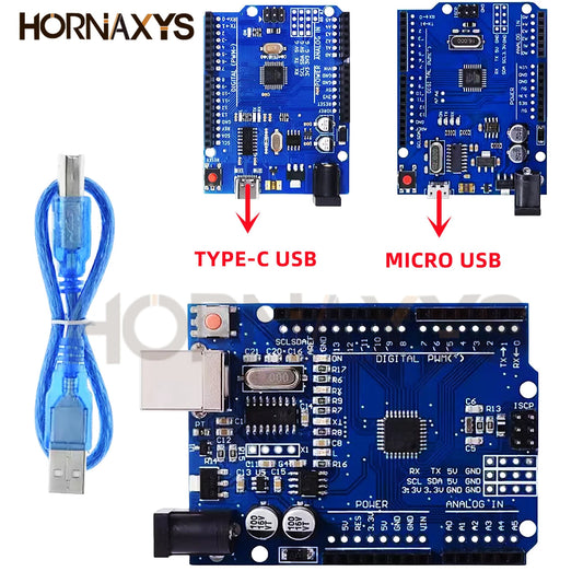 Placa Desarrollo UNO R3 (CH340G, Chip MEGA328P 16MHz) con Cable USB Tipo C/Micro para Arduino (1 Unidad)