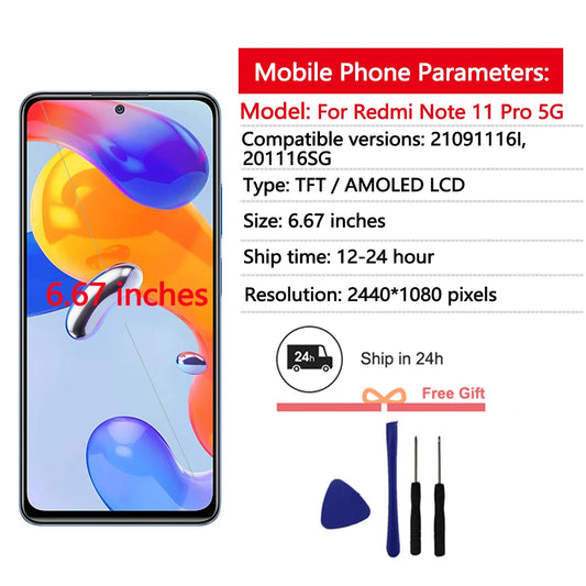 AMOLED Screen For Xiaomi Redmi Note 11 Pro 5G LCD Display Touch Screen Assembly For Redmi Note 11 Pro 5G 21091116I, 2201116SG
