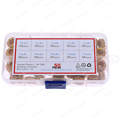 Kit Surtido Inductores Núcleo Toroide Bobinados (10uH a 470uH) con Caja - 50 Piezas