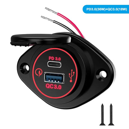 Panel Salida USB RV 12V PD 36W (USB-C) + QC3.0 18W (USB-A) Socket Cargador Auto Carga Rápida