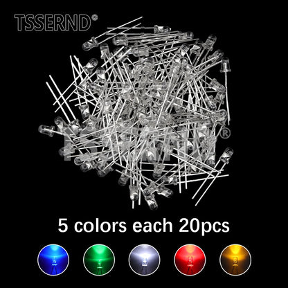 Kit Surtido Diodo LED F3 (3mm) Colores (Blanco/Verde/Rojo/Azul/Amarillo/Naranja/Rosa/Púrpura/Blanco Cálido) DIY (60/100 Piezas)