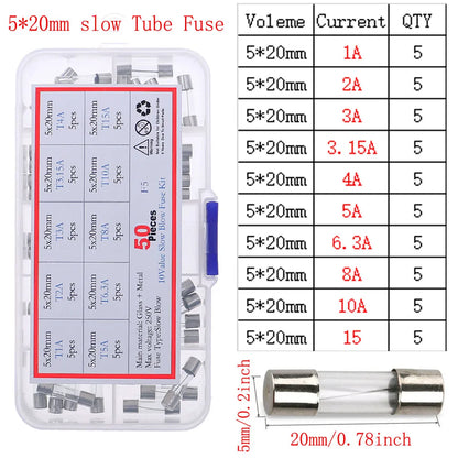 12V-250V Slow Fast Glass Fuse With Lead Wire Mix kit 0.1A 0.25A 0.5A 1A 2A 2.5A 3A 3.15A 4A 5A 6A 6.3A 8A 10A 15A 16A 20A 30A