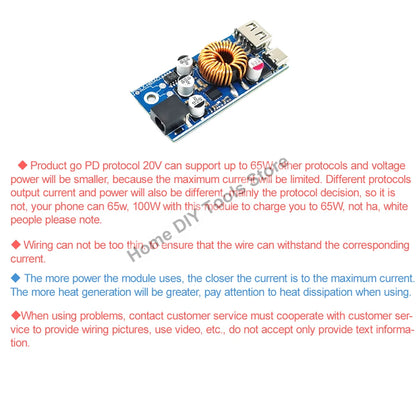 Módulo Adaptador Carga Rápida Doble USB (USB-A QC3.0 + USB-C PD) 65W DC 12V-96V Step-Down Apple/Huawei SCP/FCP