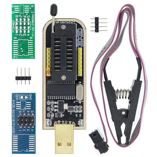 Kit Programador USB CH341A/CH341B 24/25 Series EEPROM Flash BIOS + Clip Test SOIC8/SOP8