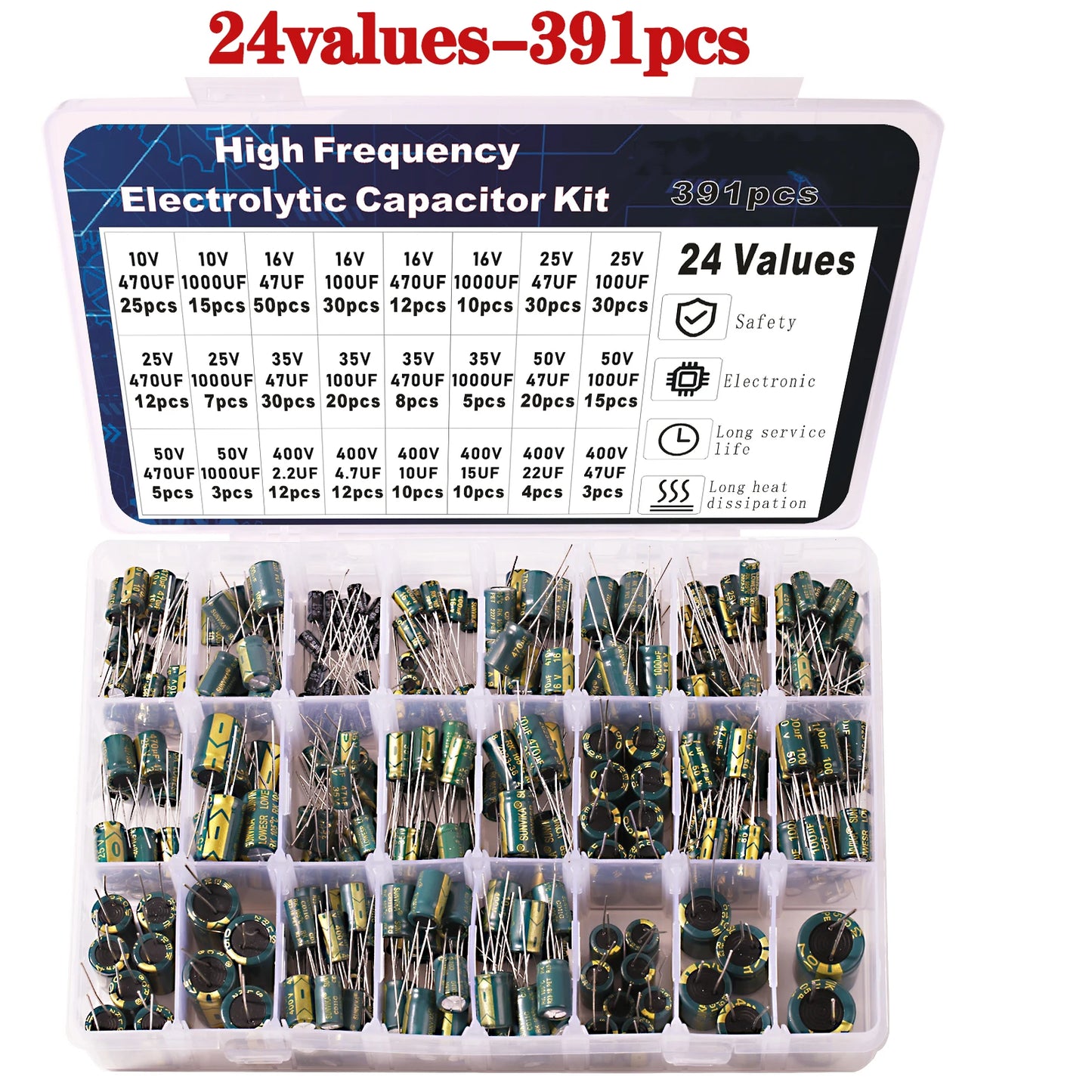 Kit Surtido Capacitores Electrolíticos Alta Frecuencia (10V-400V, 10uF-1000uF)