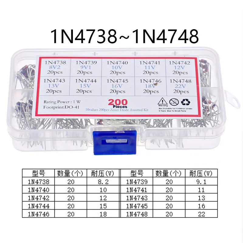 Kit Surtido Diodos Zener 1N47xx (1W, 8.2V-20V) con Caja - Pack 200 Unidades