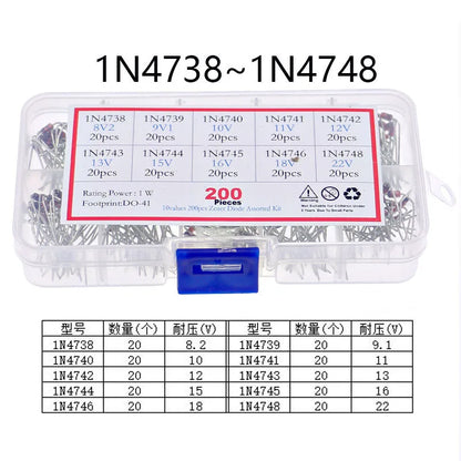 Kit Surtido Diodos Zener 1N47xx (1W, 8.2V-20V) con Caja - Pack 200 Unidades