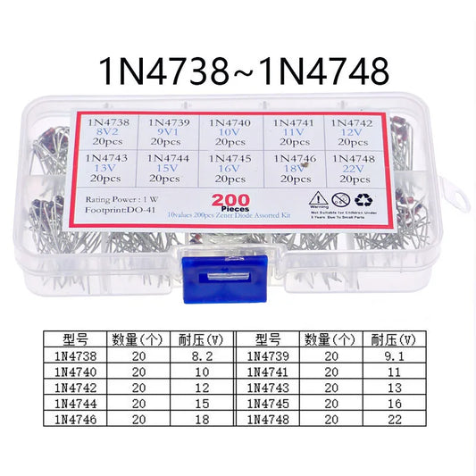 Kit Surtido Diodos Zener 1N47xx (1W, 8.2V-20V) con Caja - Pack 200 Unidades