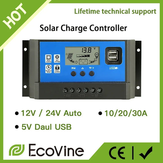 Controlador Carga Panel Solar 12V/24V PWM/MPPT 10A-30A Cargador Batería Auto Regulador USB 5V Max PV 50V