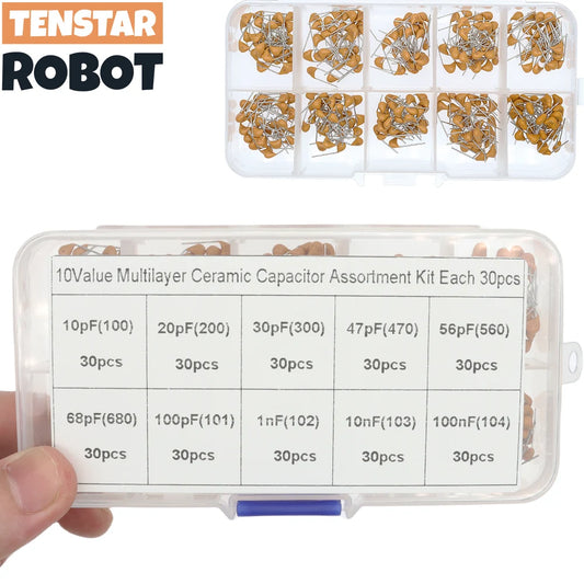 Kit Surtido Capacitor Cerámico Multicapa (10pF-100nF, 50V, 10 Valores x 30 Unidades) - Pack 300 Piezas