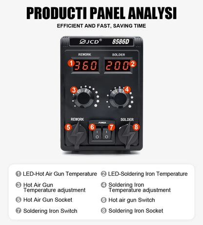 JCD 8586D Soldering Station 2 IN 1 750W Hot Air Gun LCD Dual Digital Display Electric Soldering Iron SMD Welding Rework Station