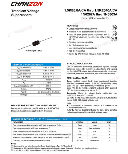 Diodo TVS 1500W DO-27 - Varios Voltajes (6.8A a 440A) - Lote 20 Piezas