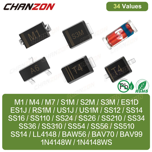 Kit Surtido Diodos SMD: Schottky / Fast Recovery / Switching (M1-M7, SS14-SS36, LL4148, etc.)