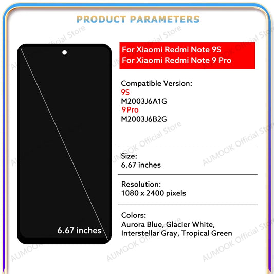6.67" LCD Display For Xiaomi Redmi Note 9S Note 9 Pro Touch Screen Digitizer Assembly M2003J6A1G M2003J6B2G Replacement Parts