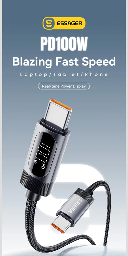 Cable Essager USB-C a Tipo C PD 100W Carga Rápida con Pantalla Digital para iPhone 15/16/Xiaomi/Huawei/Macbook/iPad