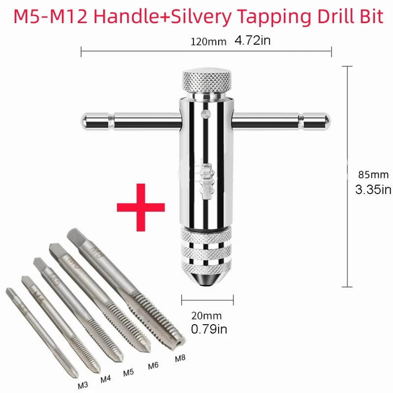 Llave Macho Manual Ajustable Mango T con Ratchet/Fresa para Roscar M3/M4/M5/M6/M8 Métrico