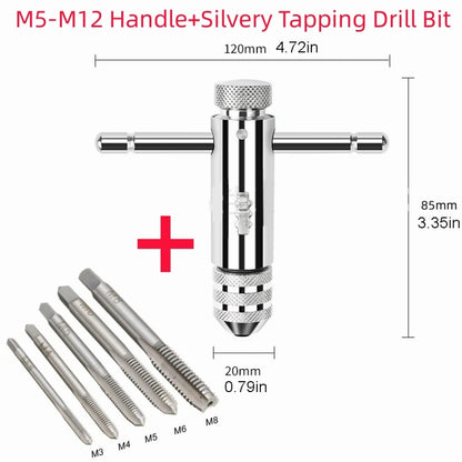 Llave Macho Manual Ajustable Mango T con Ratchet/Fresa para Roscar M3/M4/M5/M6/M8 Métrico