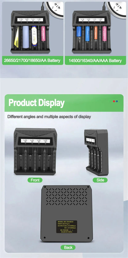 Cargador USB Inteligente Baterías LCD (1/2/4 Ranuras) para Litio Recargable 18650 (4.2V) / Ni-MH AA/AAA (1.2V)