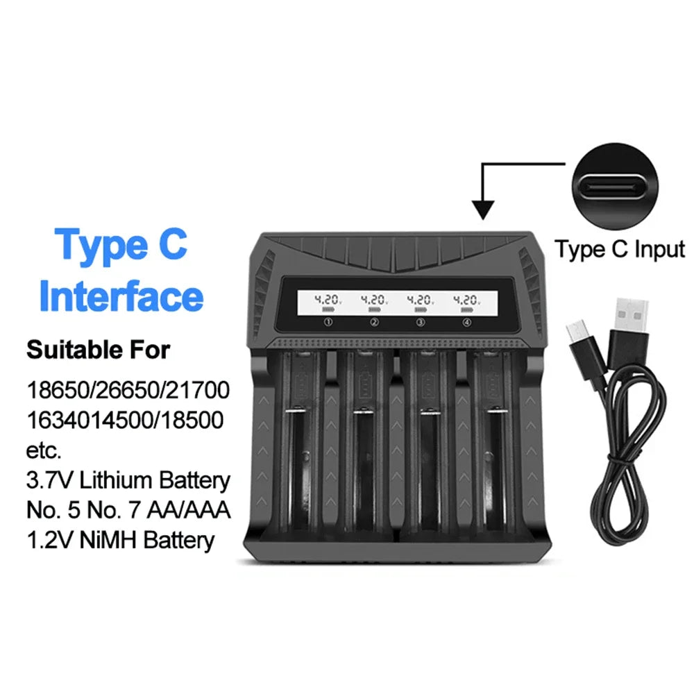Cargador USB Inteligente Baterías LCD (1/2/4 Ranuras) para Litio Recargable 18650 (4.2V) / Ni-MH AA/AAA (1.2V)