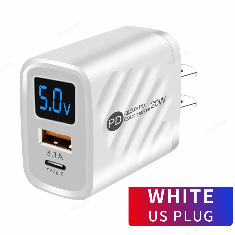 Cargador Pared USB Tipo C PD 20W Carga Rápida con Pantalla Digital para iPhone/Samsung/Xiaomi