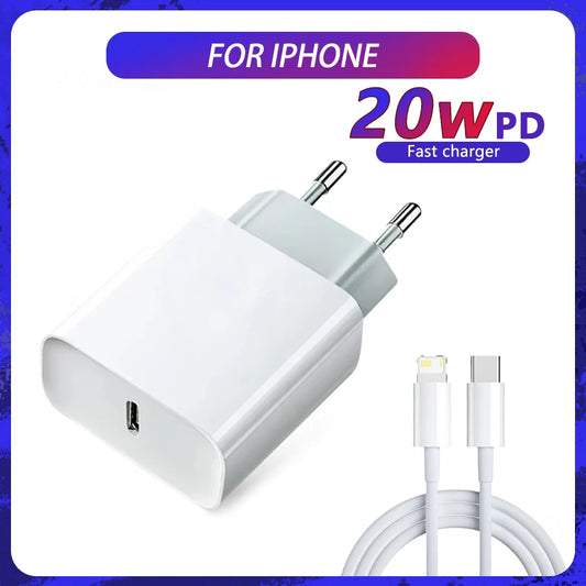 Cargador Original Apple PD 20W USB-C + Cable Lightning Carga Rápida para iPhone/iPad (Enchufe EU/US)