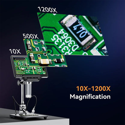 Elikliv 1200X Soldering Microscope for Electronics Repair 7" Digital Microscope with 10" Stand 2MP Coin Magnifier with 10 LEDs