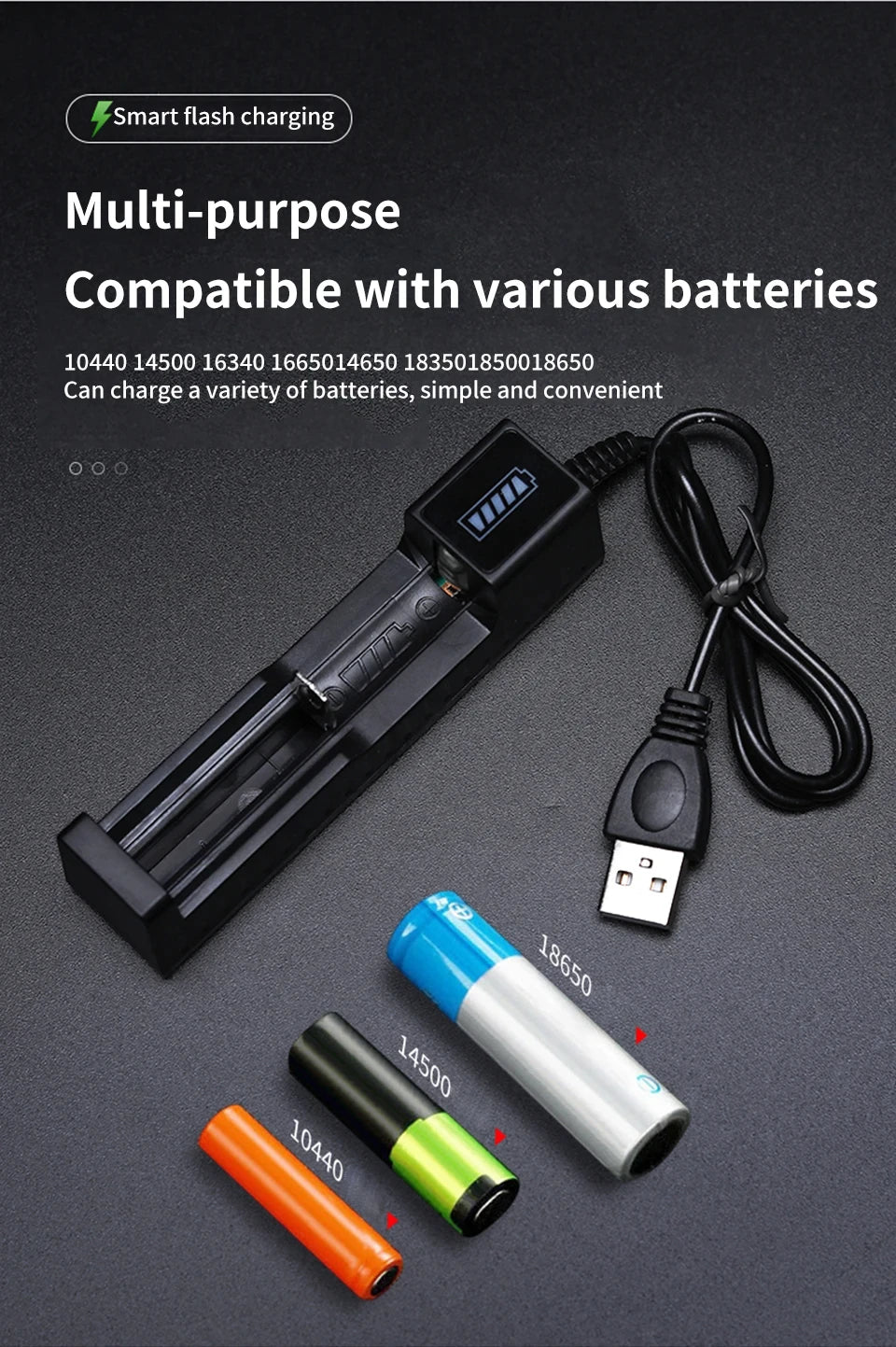 Cargador USB Baterías Litio Recargables 18650 (1/2/4 Ranuras, 3.7V) para 16340/14500/18650
