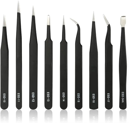 Set Pinzas ESD Antiestáticas Acero Inoxidable Binoax (Puntas No Magnéticas) para Electrónica/Soldadura/Artesanía (6/9/10 Piezas)
