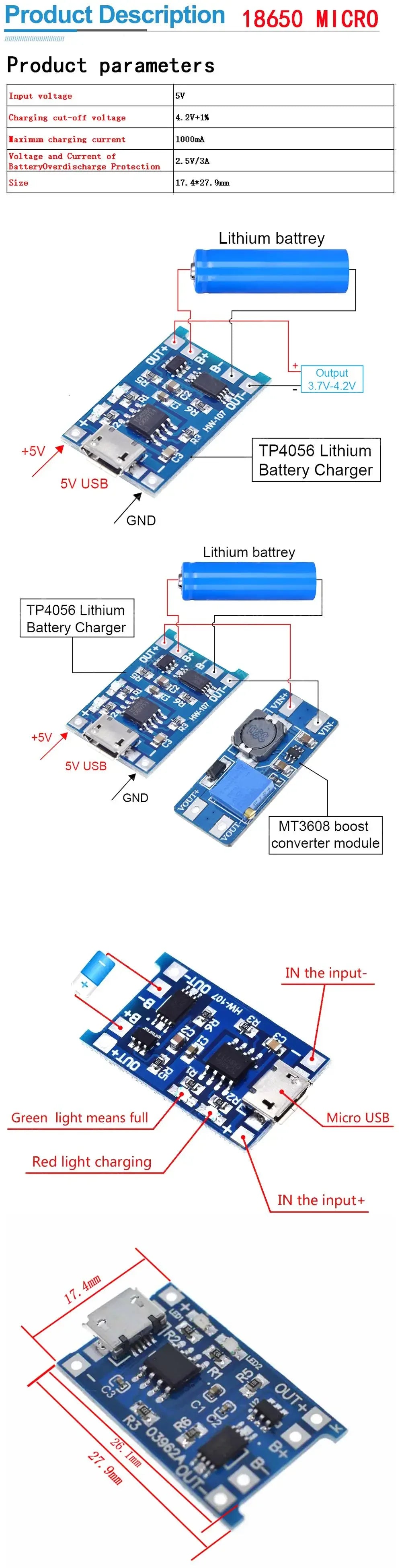 Lote 10/50 Pcs Módulo Cargador Batería Litio TP4056 USB-C 5V 1A 18650 con Protección Dual